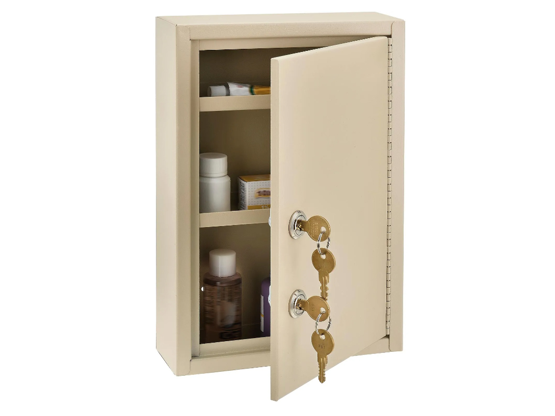 Medical Security Cabinet w/Double Key Locks, 8"W x 2-5/8"D x 12-1/8"H, Beige